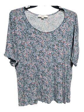 LOFT Plus Size 20/22 Floral Butterfly Print Top  Lightweight Short Sleeve Casual